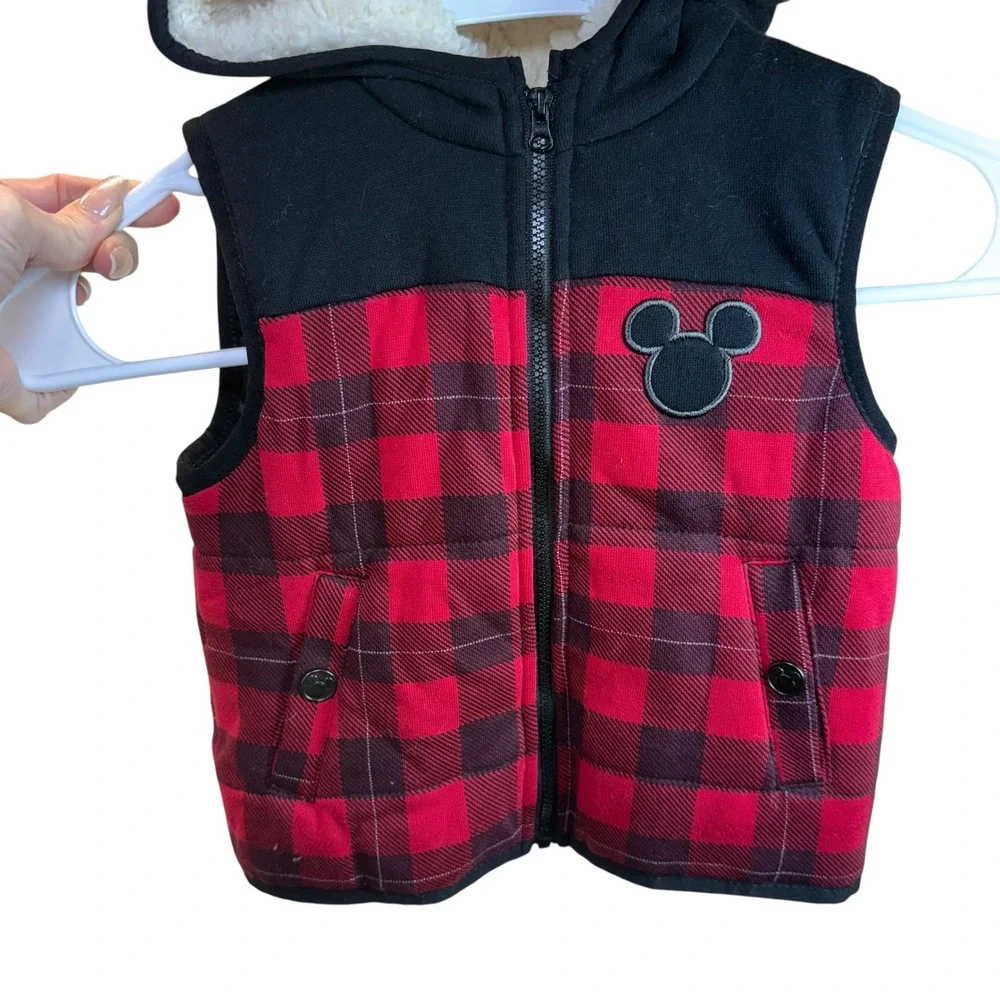 Kids Disney Junior Mickey Mouse‎ Red Plaid Vest with Hood and Ears 18M